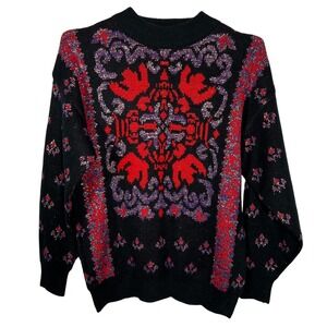 FairSet Vintage Metallic Lurex Intarsia Knit Sweater Black Red Purple Large